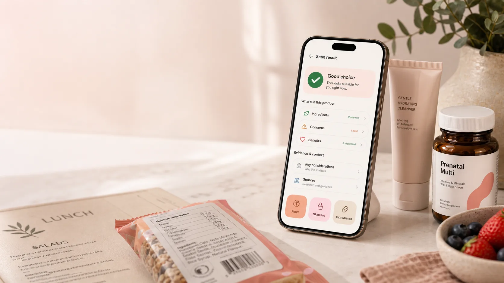 Realistic Doola Scan app preview with food, skincare, supplement, and label scan context.