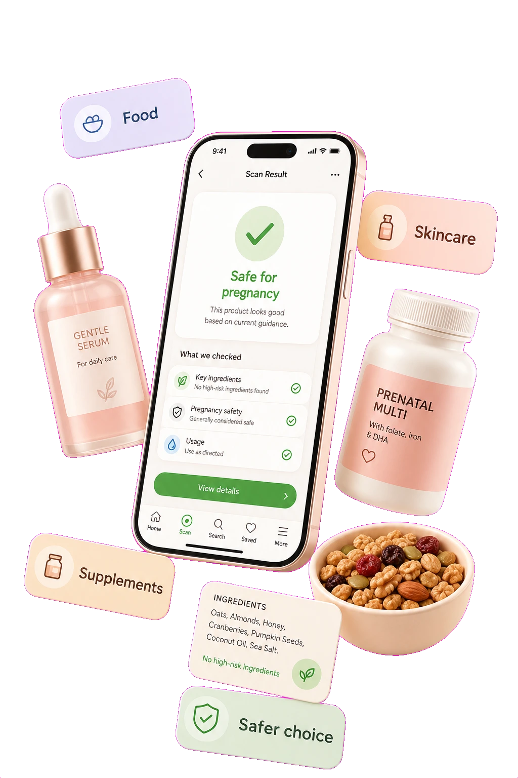 Doola Scan app showing a pregnancy-safe scan result surrounded by food, skincare, and supplement safety cards