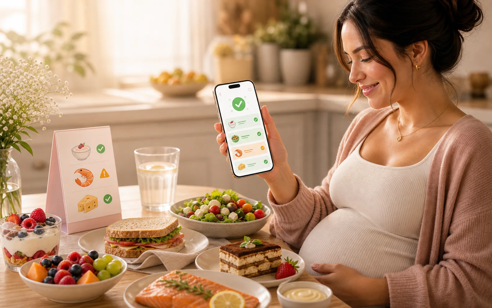 Pregnant woman checking food safety with Doola Scan at a warm kitchen table.
