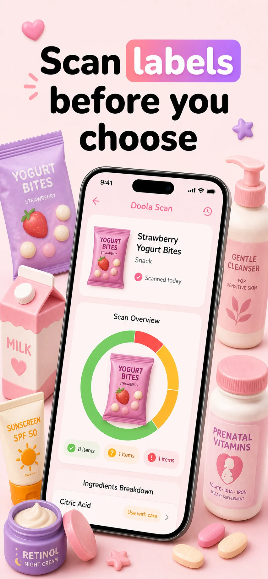 Doola pregnancy label checker showing a product label scan with food, skincare, and supplement examples.