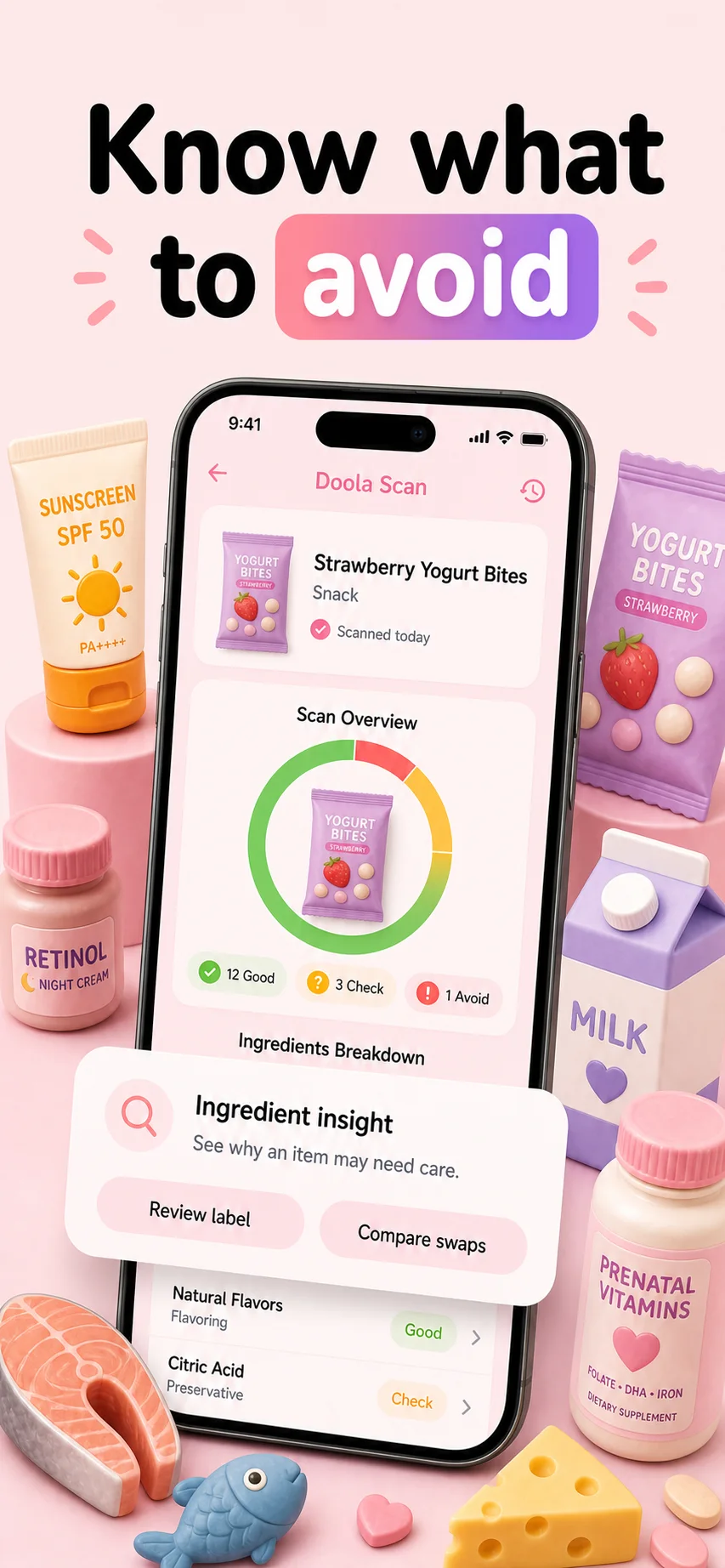 Doola pregnancy label checker visual showing ingredient insight after a scan.