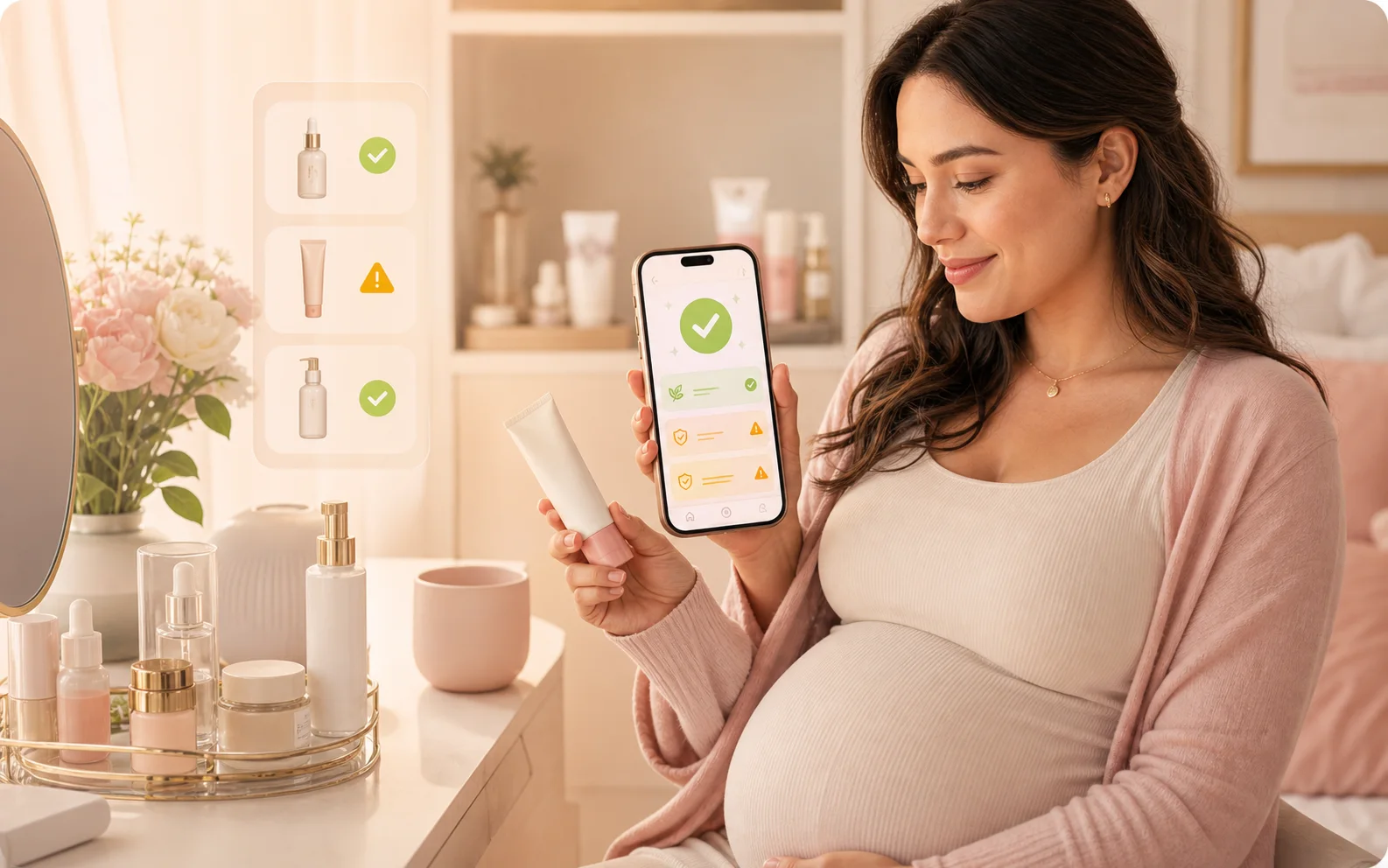 Pregnant woman using Doola Scan as a pregnancy-safe skincare app at a serene vanity.