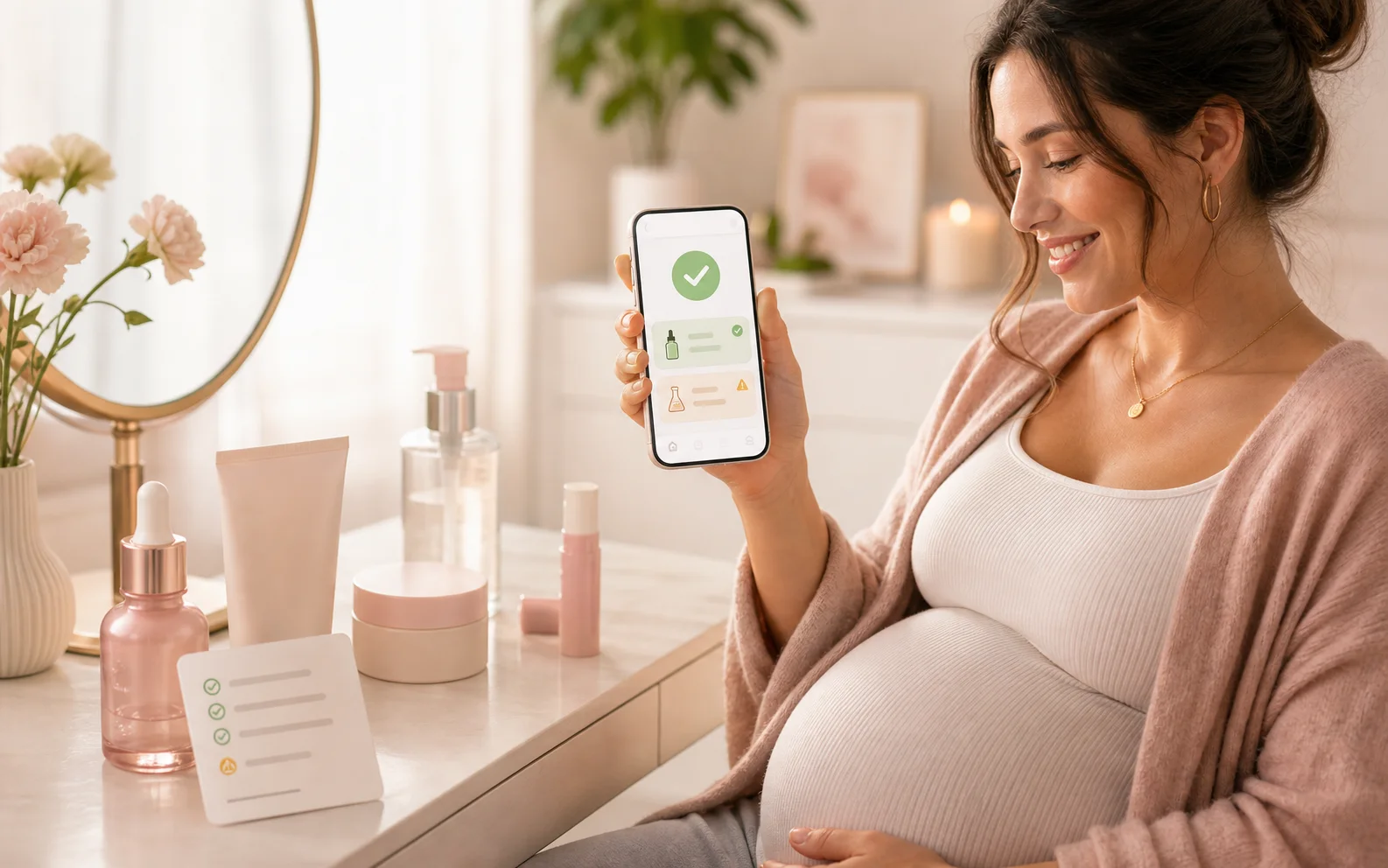 Pregnant woman checking skincare ingredients with Doola Scan at a calm vanity.