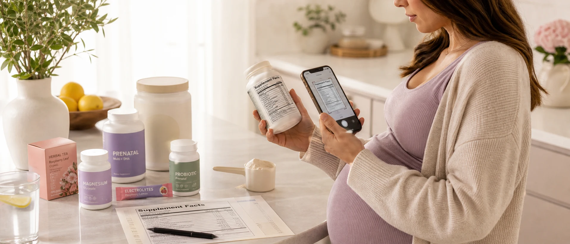 Pregnant person scanning a supplement facts label beside prenatal vitamins, magnesium, probiotics, electrolytes, and herbal products.