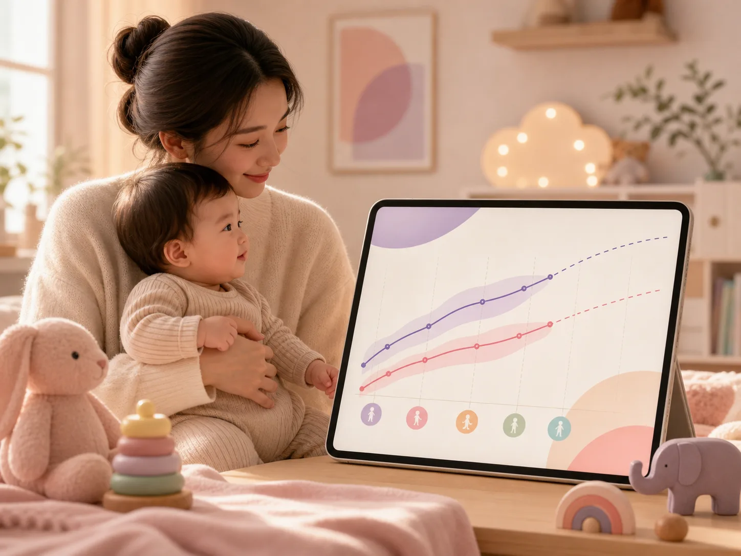 Parent and baby beside a soft digital growth chart showing weight, height, and a dashed projection.