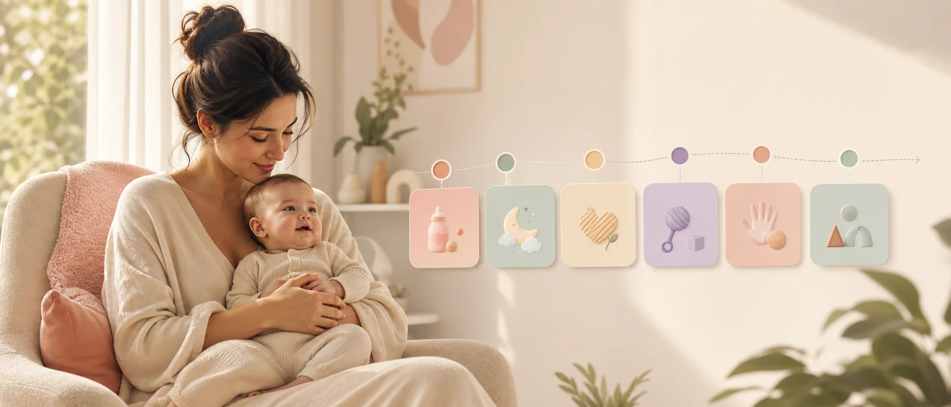 Parent holding a baby beside a gentle week-by-week timeline for feeding, sleep, growth, and development.