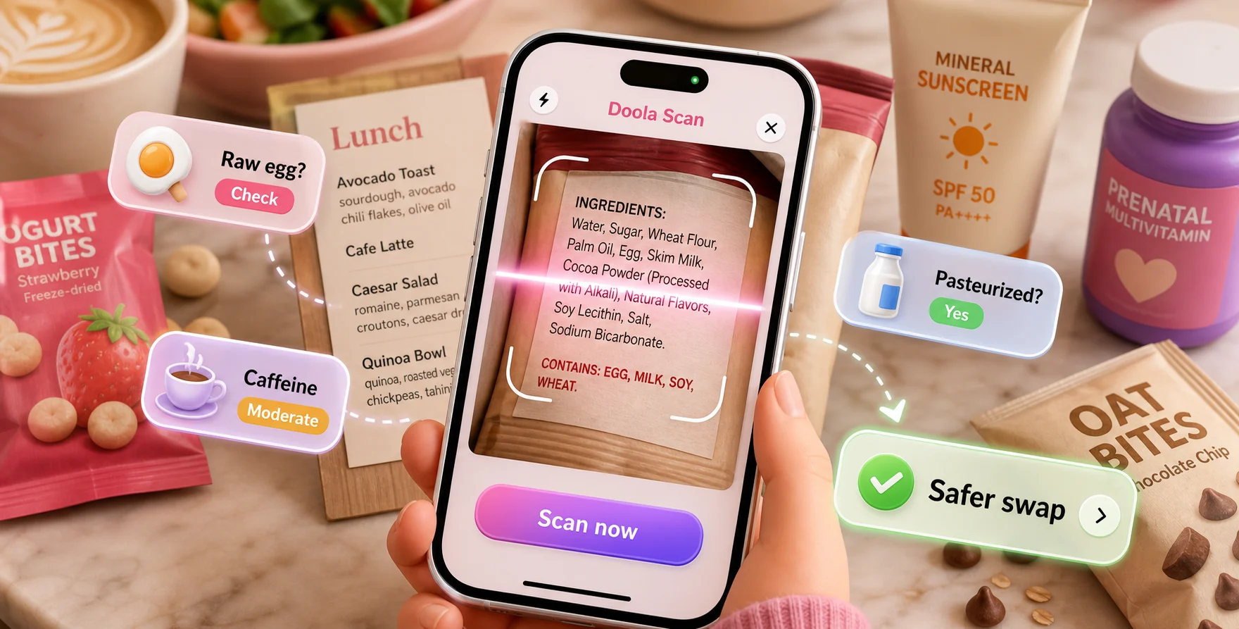 Doola Scan checking an ingredient label with pregnancy food decision chips.