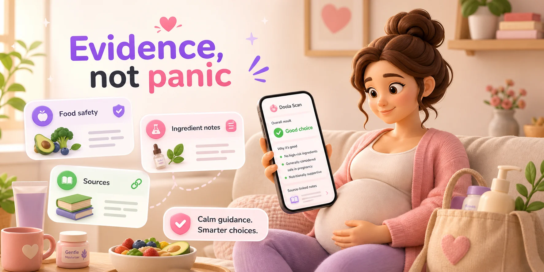 Pregnant mom using Doola Scan with evidence not panic reassurance cards.