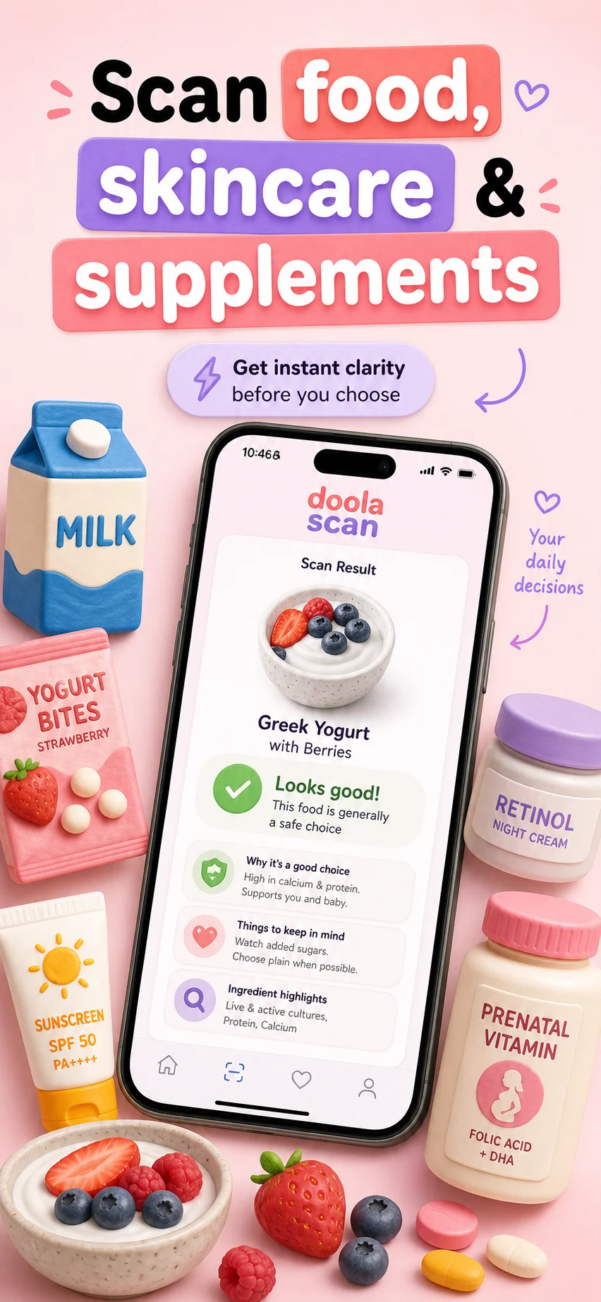 Doola Scan ad-style panel with the headline Scan food, skincare, and supplements.