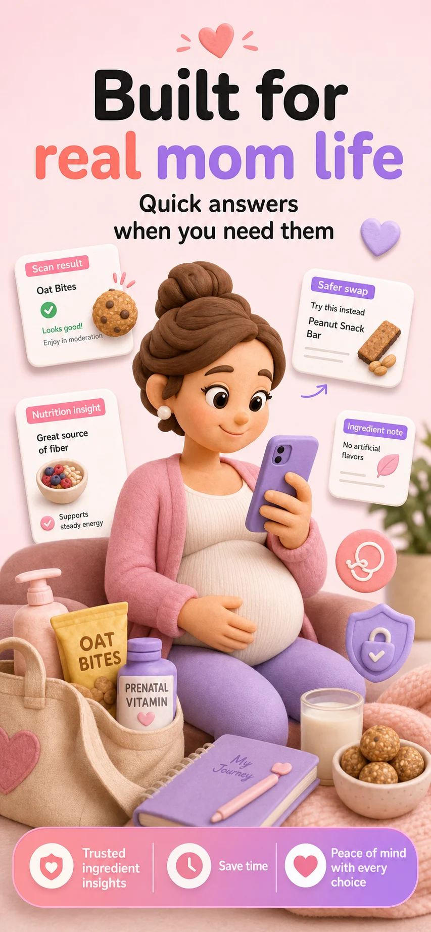 Doola Scan ad-style panel with the headline Built for real mom life.