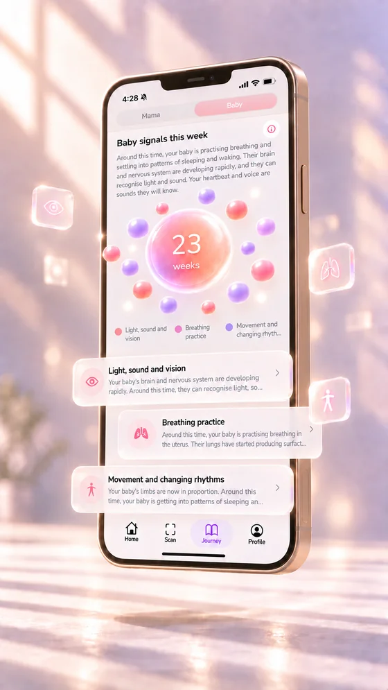 Doola AI baby development screen with a pregnancy orb and floating glass cards