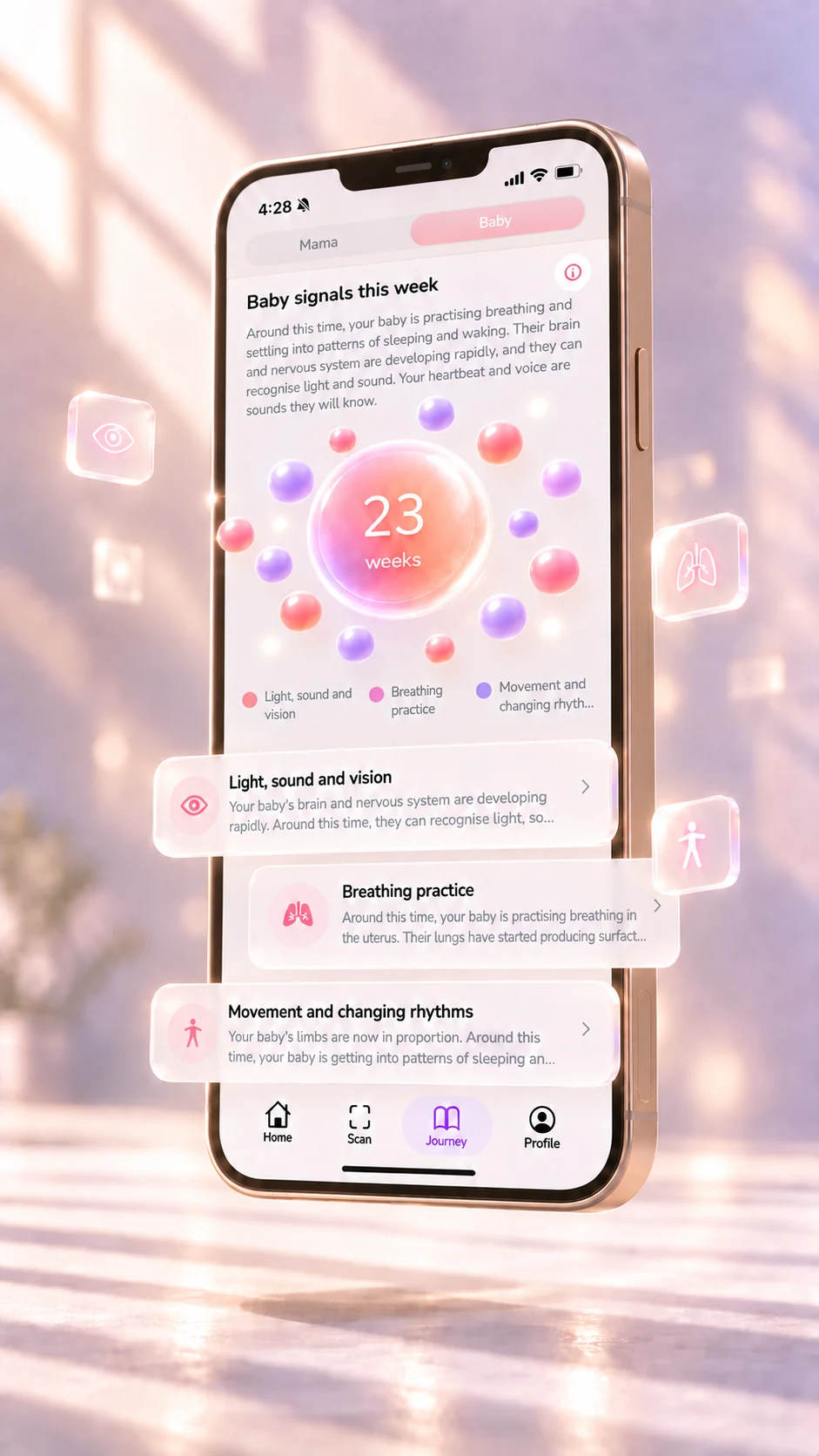 Doola AI baby development screen with floating glass cards