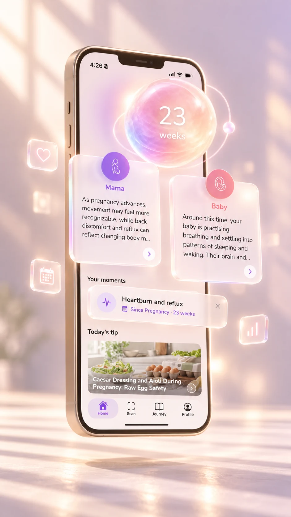 Doola AI app with floating Mama and Baby cards