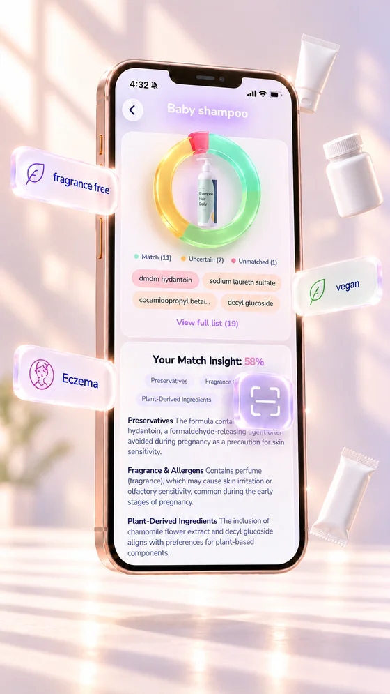 Doola AI ingredient check with a floating glass ring and product chips