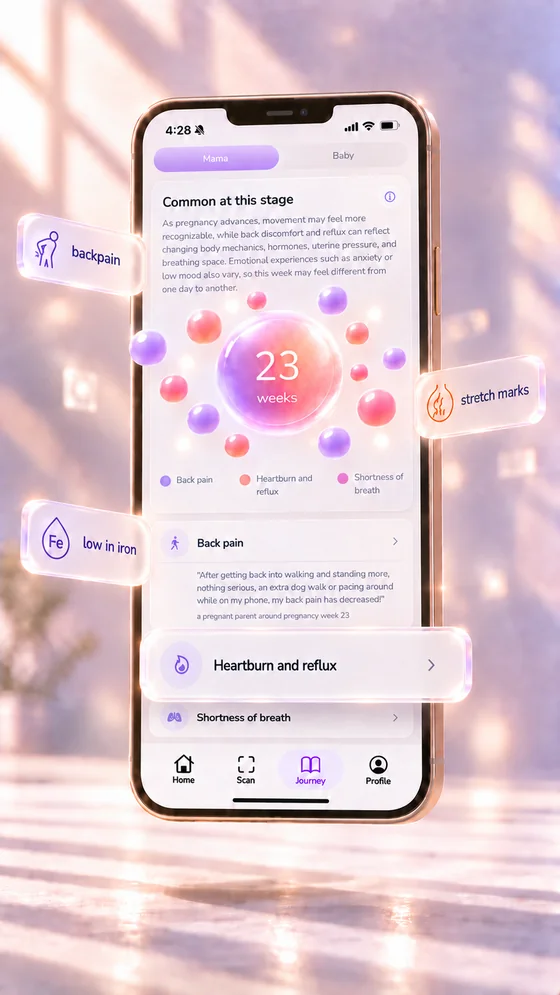 Doola AI Mama screen with a pregnancy orb and floating Heartburn and reflux card