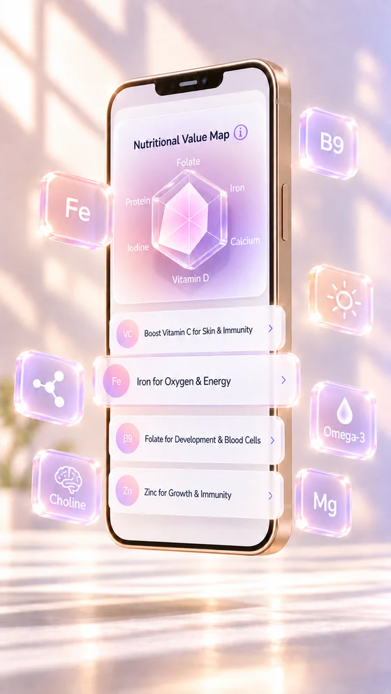 Doola AI nutrition map with a raised glass hexagon and floating nutrient chips