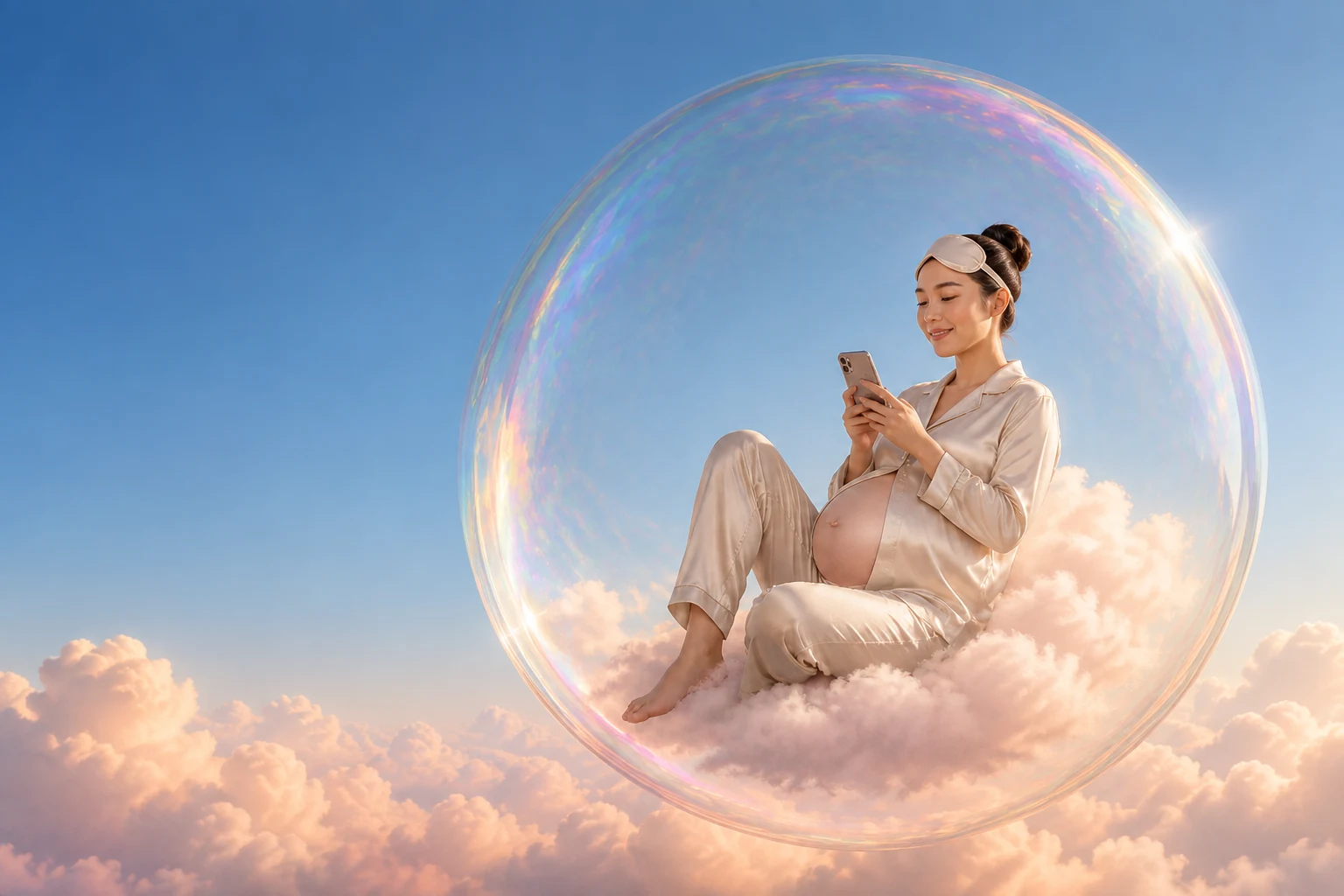 A mother-to-be resting in an iridescent bubble