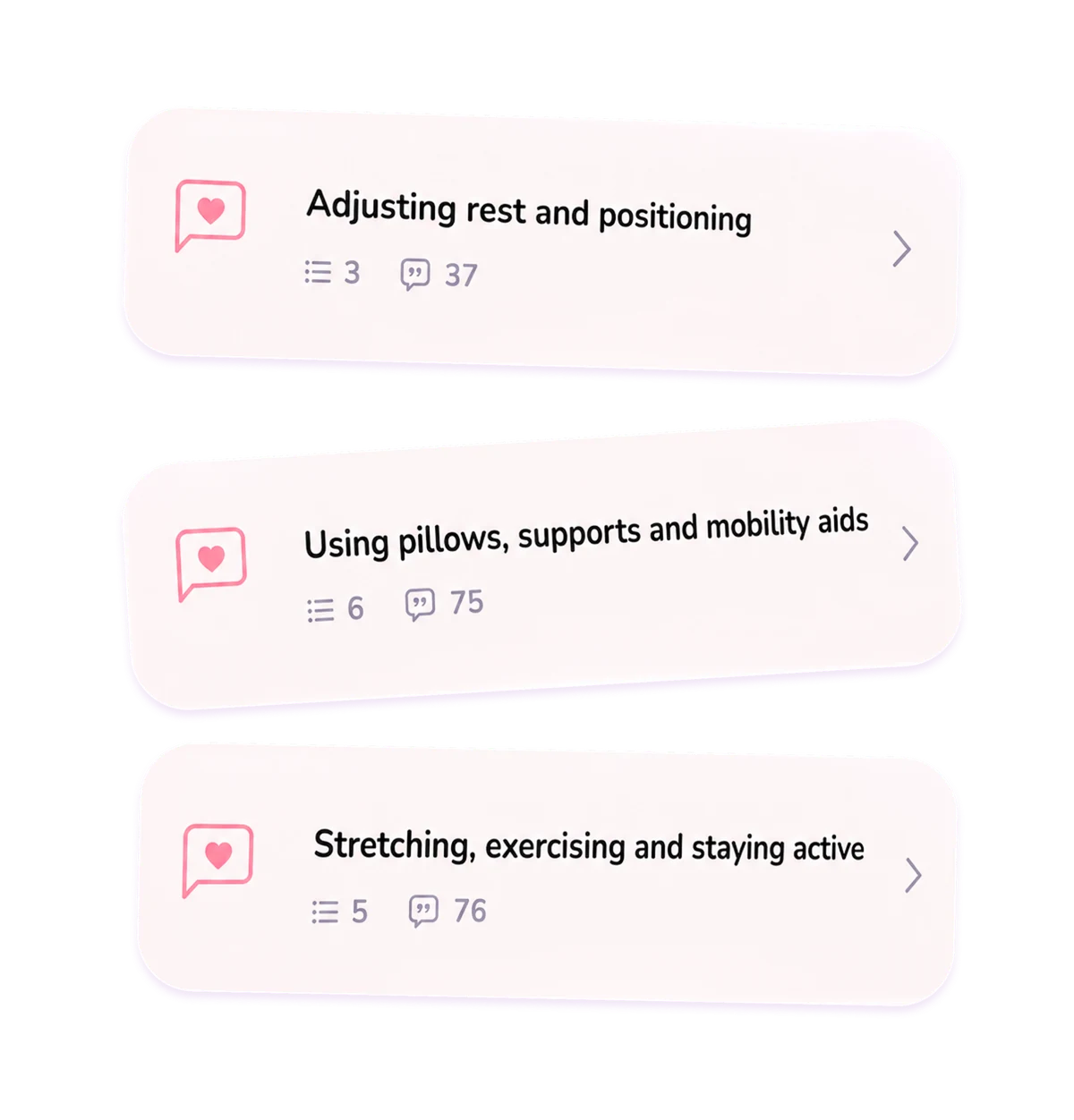 Shared experiences about rest and positioning, pillows and mobility aids, and staying active