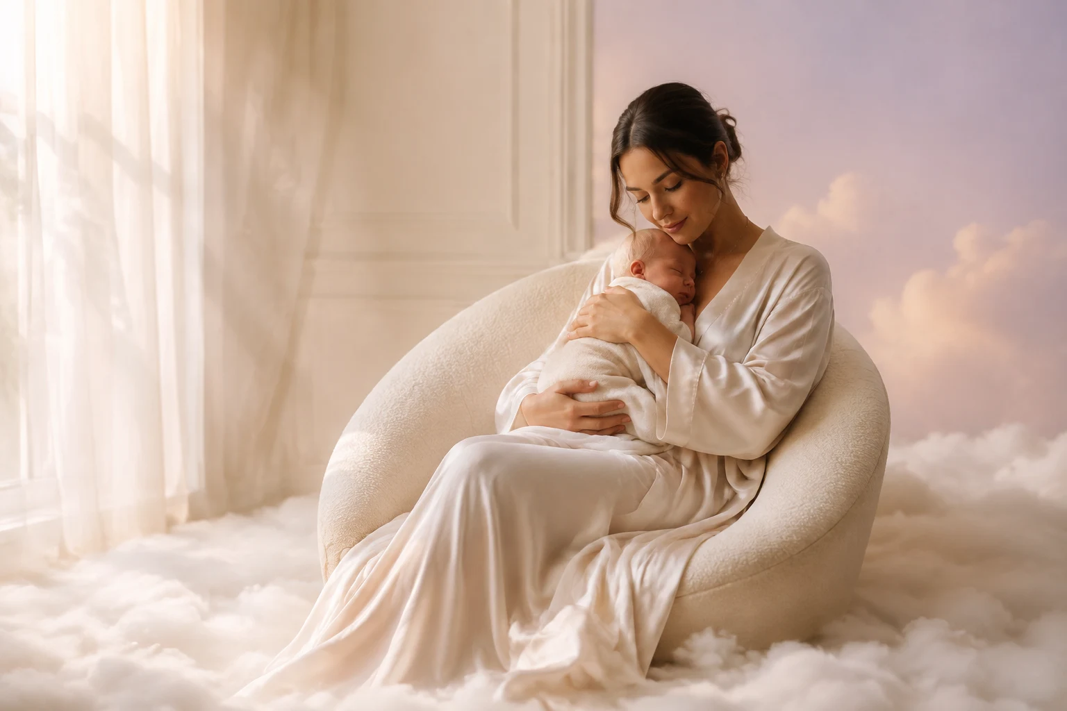 A mother holding her newborn in warm window light, surrounded by cream linen and a soft cloud