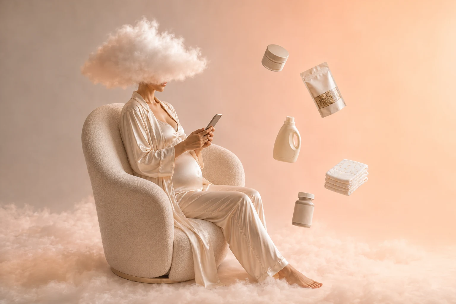 Pregnant woman in cream satin, a cloud over her eyes and everyday food, skincare and household items floating around her