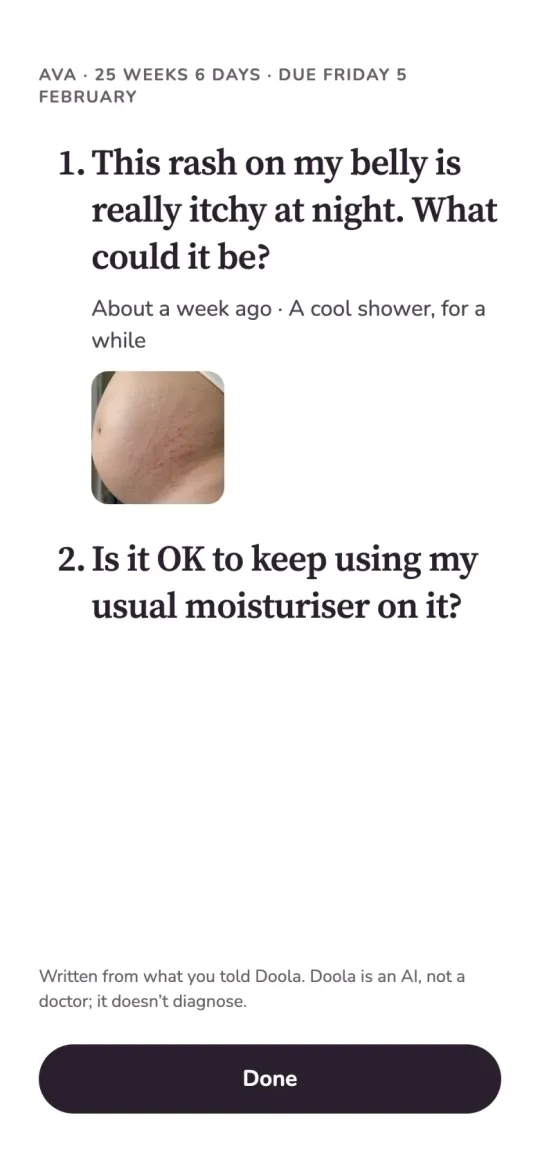Próxima cita en Doola: una pregunta sobre un sarpullido con comezón en la panza, con foto, lista para mostrar