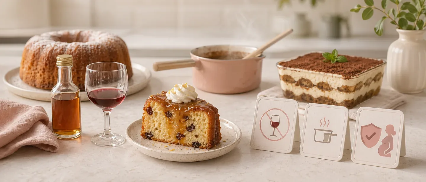 Editorial kitchen scene with sauce, dessert, alcohol-free cues, and pregnancy food-safety symbols.