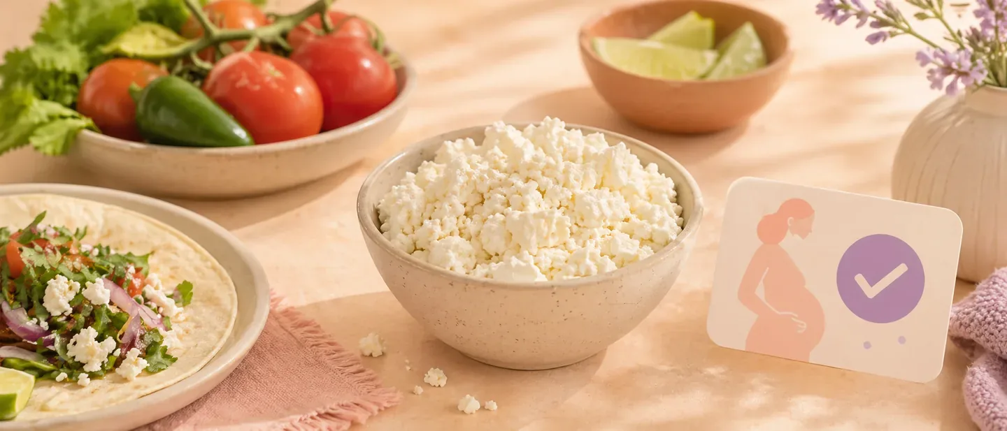 Editorial illustration of queso fresco, taco ingredients, and pregnancy food-safety guidance.