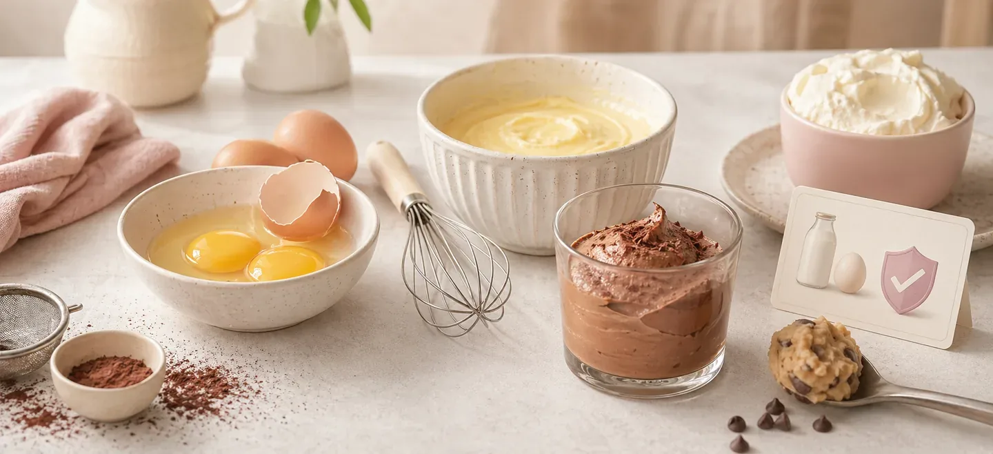 Editorial kitchen scene with eggs, mousse, cookie dough, and pregnancy food-safety cues.