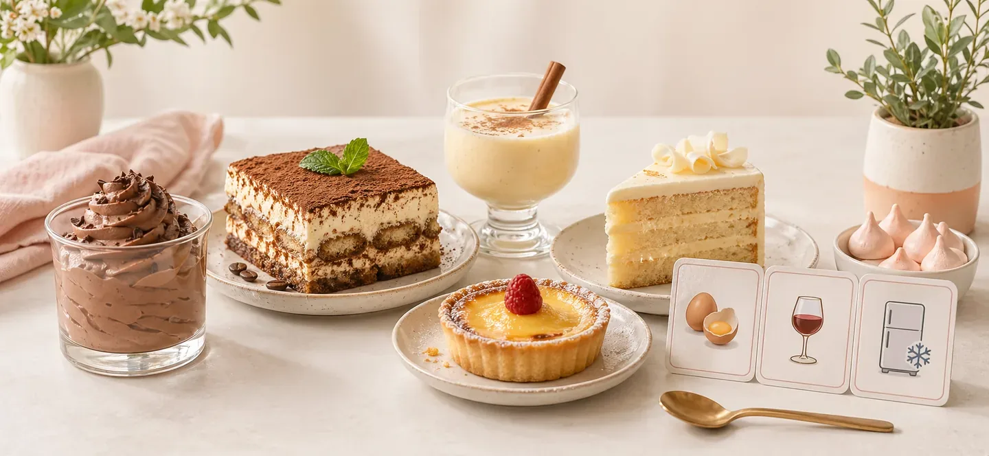 Editorial dessert table with mousse, tiramisu, custard, eggnog, and pregnancy food-safety cues.
