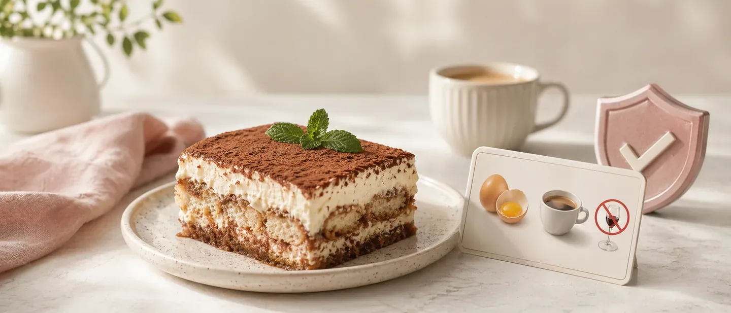Editorial illustration of tiramisu, eggs, espresso, and pregnancy food-safety cues.