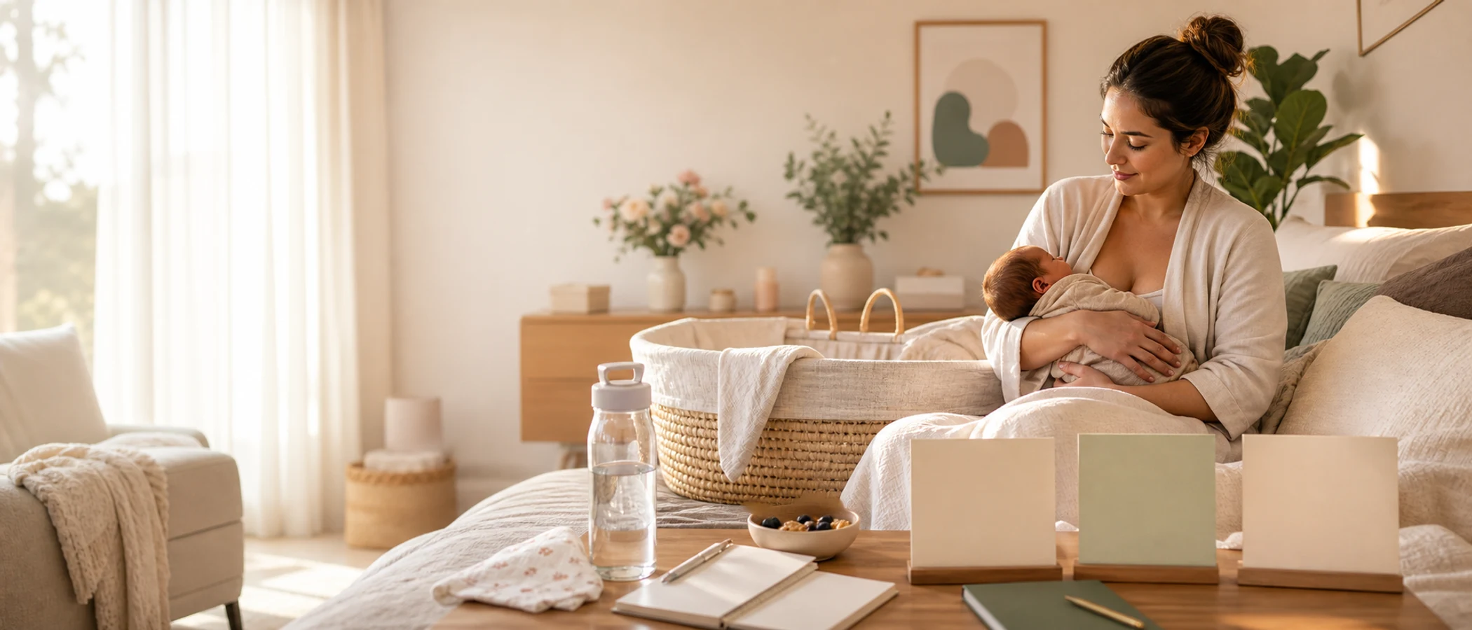 Postpartum parent resting beside a newborn bassinet with recovery notes, water, snack, and week-by-week planning cues.