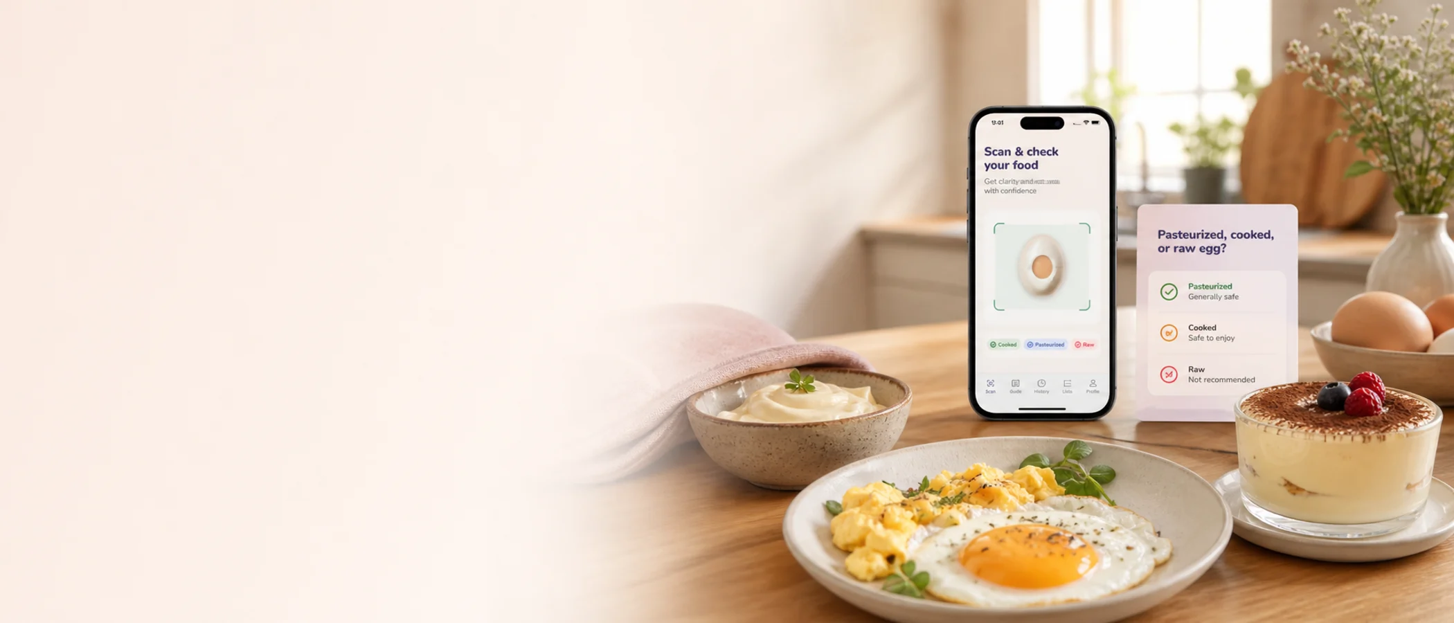 Doola egg checker scene with cooked eggs, raw egg sauces, dessert, and pregnancy food scan cues.