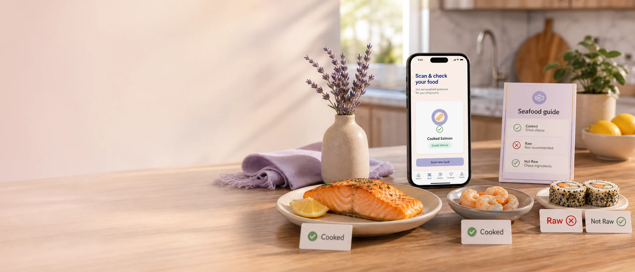 Doola seafood checker scene with cooked salmon, shrimp, sushi, and pregnancy food scan cues.
