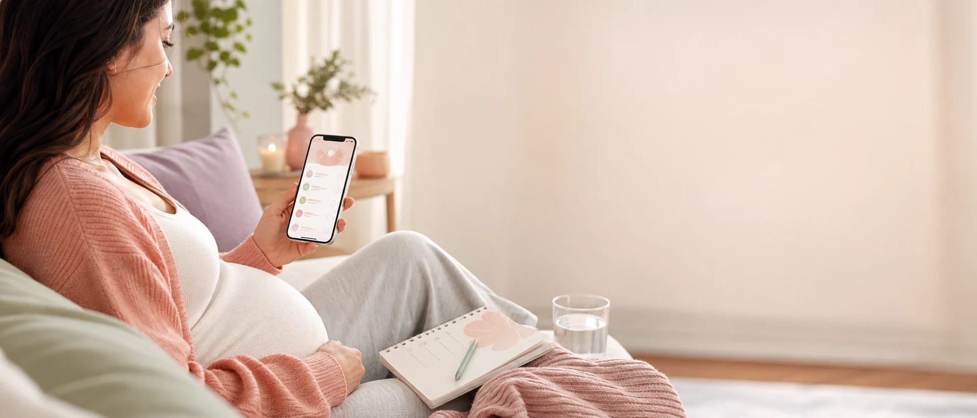 Pregnant person using Doola to organize symptom notes on a phone in a calm home setting.