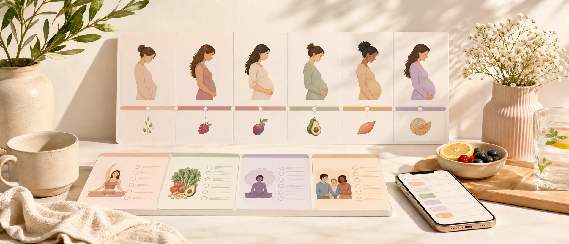 Pregnancy week-by-week timeline with body, baby, food, ingredient, and question-planning cues.