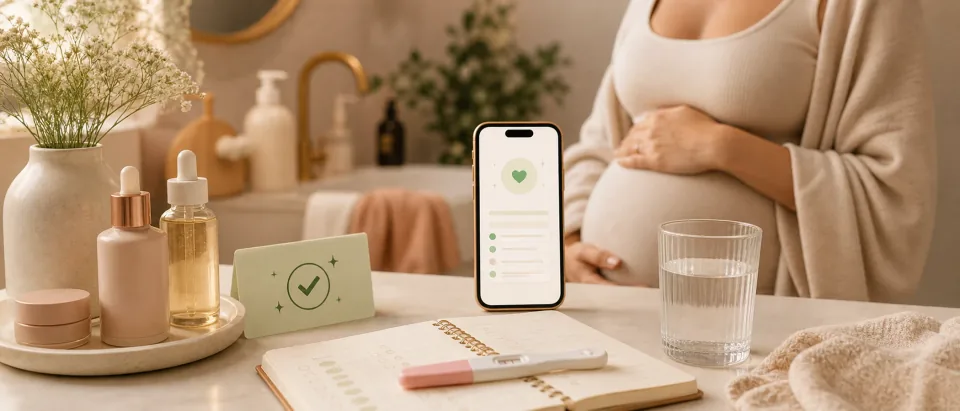 Pregnant person calmly checking a skincare bottle beside a phone and soft green safety cue.