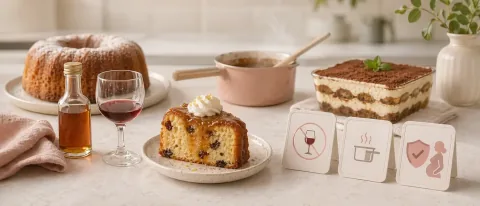 Editorial kitchen scene with sauce, dessert, alcohol-free cues, and pregnancy food-safety symbols.