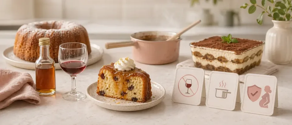 Editorial kitchen scene with sauce, dessert, alcohol-free cues, and pregnancy food-safety symbols.