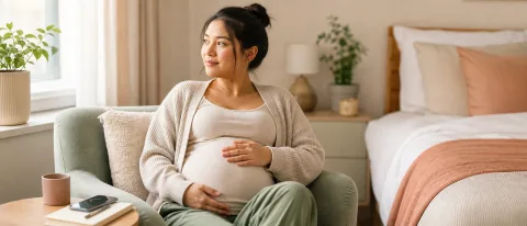 Pregnant person sitting calmly near a sunny window with a notebook and phone nearby.
