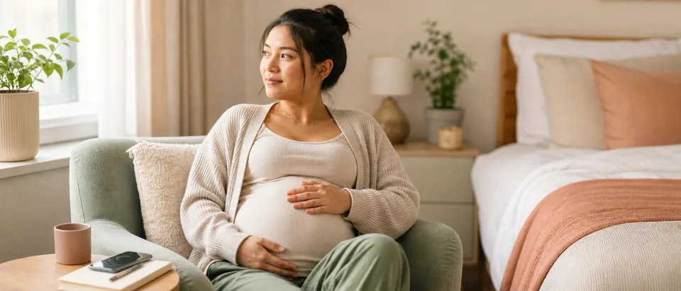 Pregnant person sitting calmly near a sunny window with a notebook and phone nearby.