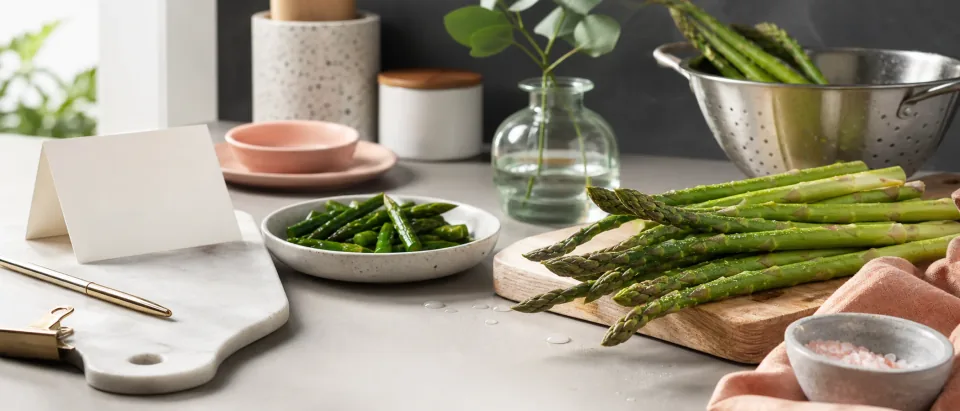 Washed asparagus spears and cooked asparagus tips on a calm kitchen counter.