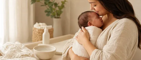 Parent holding a peaceful newborn beside gentle baby-care items in a warm nursery.