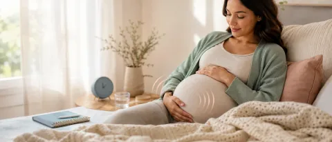 Pregnant parent resting with hands on belly beside a movement notebook, clock, water glass, and soft nursery light.