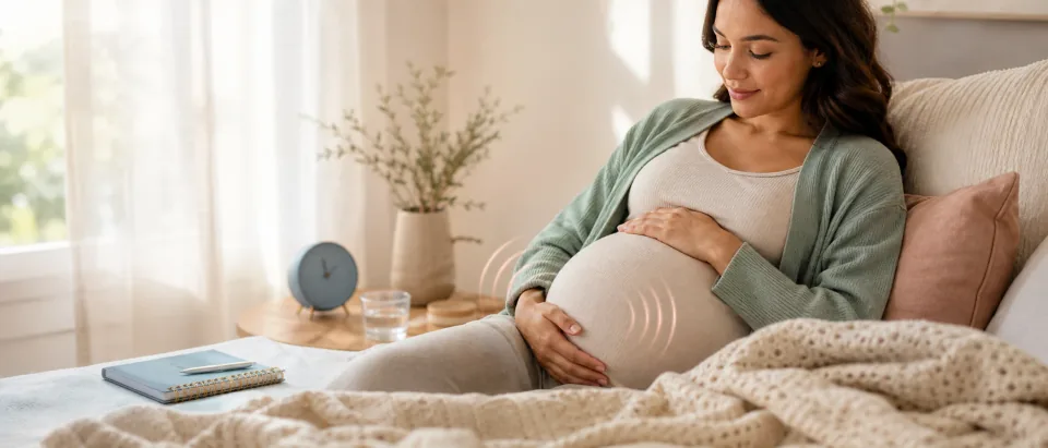 Pregnant parent resting with hands on belly beside a movement notebook, clock, water glass, and soft nursery light.
