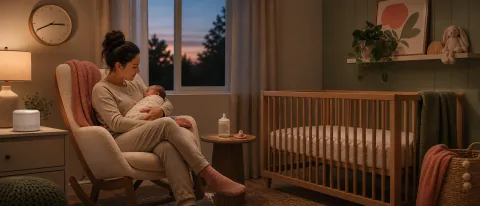 Calm evening nursery scene with parent, newborn, crib, soft lamp, white-noise machine, and soothing items.