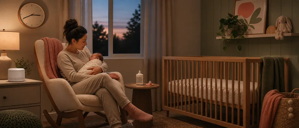 Calm evening nursery scene with parent, newborn, crib, soft lamp, white-noise machine, and soothing items.