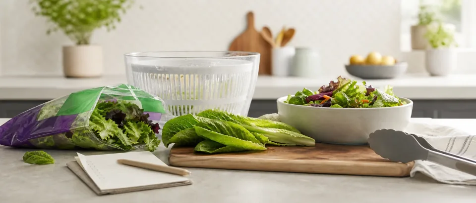 Editorial salad prep scene with leafy greens, bagged salad, tongs, vegetables, and clean kitchen cues.