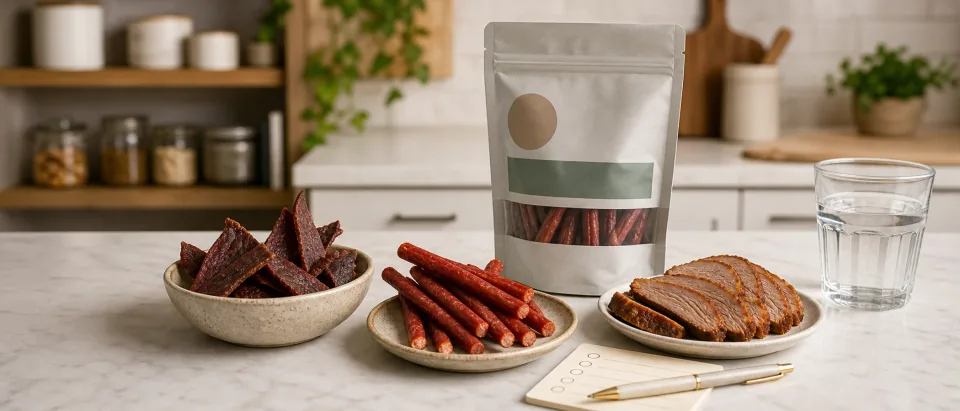 Editorial ready-to-eat meat snack scene with sealed jerky, beef strips, water glass, and food-safety cues.