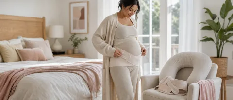 Pregnant person adjusting a belly support band in a bright bedroom beside a pregnancy pillow and maternity belt.