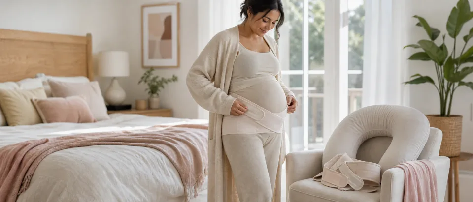 Pregnant person adjusting a belly support band in a bright bedroom beside a pregnancy pillow and maternity belt.